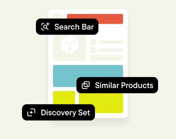 Product detail page with Search Bar, Similar Products, and Discovery Set widgets