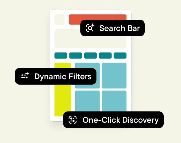 Product list page with Search Bar, Dynamic Filters, and One-Click Discovery widgets